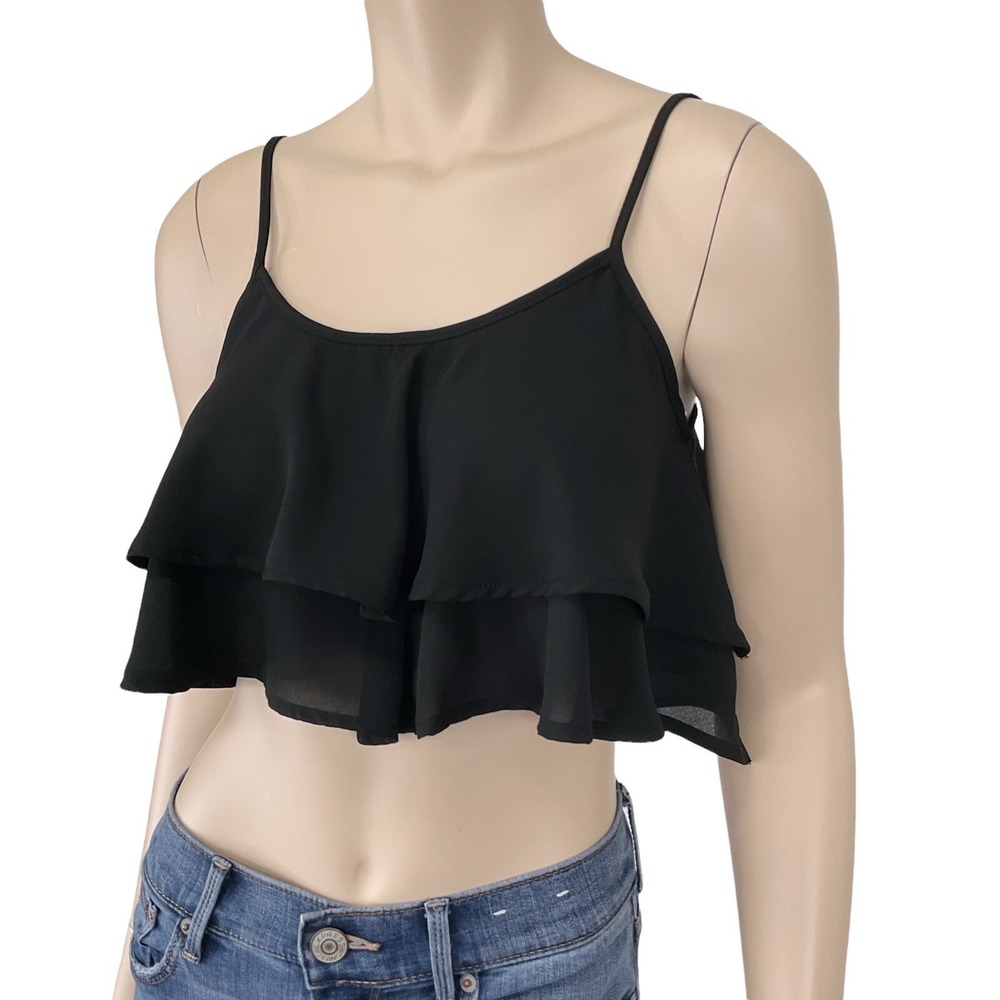 Show Me Your Mumu Top Women Small Black Crop Ruffle Summer Spaghetti Strap